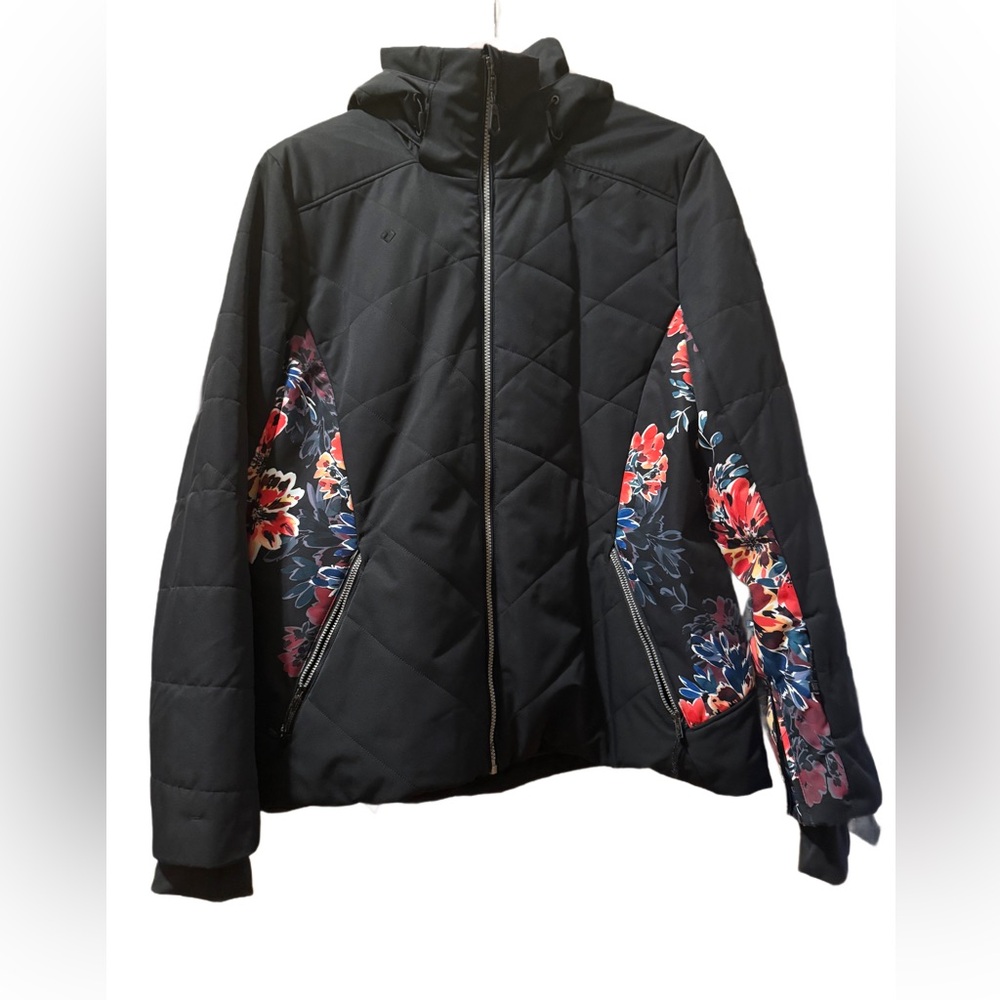 Obermeyer Black Ski Jacket with Red & Blue Floral Panels
